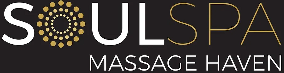 SoulSpa Massage Haven logo on a black background with white and gold text, featuring a circular gold dot motif in place of the O.